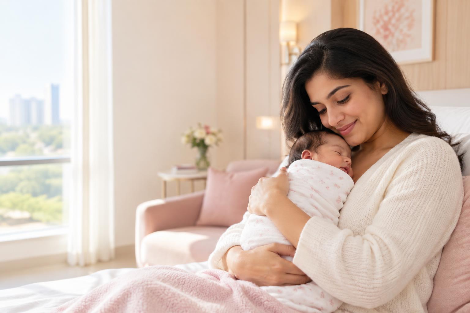 Mother holding her newborn in a warm maternity setting